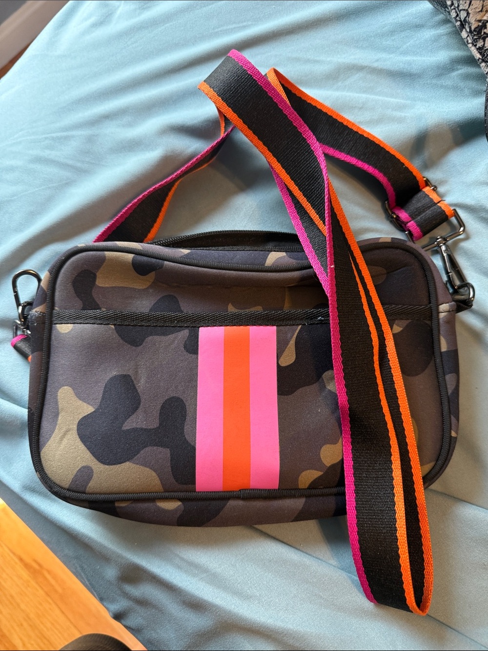 Camouflage neoprene Crossbody Bag with Pink and Orange Stripe